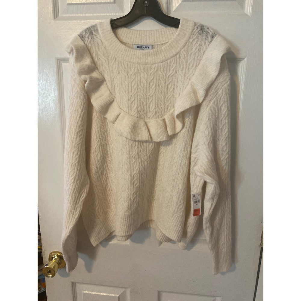 Old‎ Navy Cream Cable Knit Ruffle Sweater XXL Go-Recycled Long Sleeve Pullover